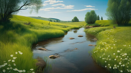 Wall Mural - A river running through a lush green field. Generative AI