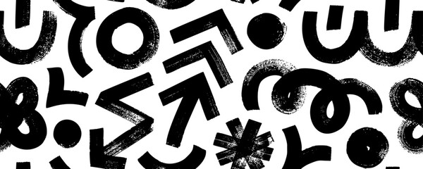 Seamless pattern with various geometric trendy shapes. Bold brush drawn geometric figures and objects ornament. Arrow, circles, swirls, asterisk and curved bold lines. Hand drawn abstract pattern.