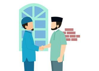 Two moslem men meet in the mosque and doing handshake