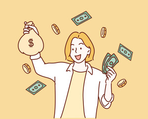 Successful american woman holding fan of money dollar bills.Hand drawn style vector design illustrations.