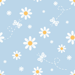 Sticker - Seamless pattern with daisy flower with butterfly cartoons on blue background vector.