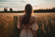 Beautiful girl in long white dress on the wheat field enjoying golden sunset outdoors. Generative AI