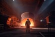 Steelmaker stand and look at the ingot casting, rear view on the head of the Steelmaker is wearing a protective workwear, Electric arc furnace shop EAF. Metallurgy. Generative AI