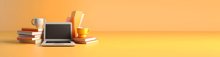 Simple online learning with books, graduation cup and laptop 3d render, Place for your text, copy space, empty space, Generative AI
