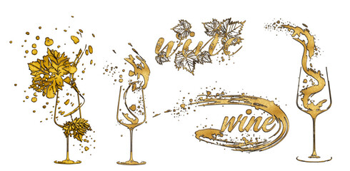 Wine Designs - Collection of wine glasses and bottles. Hand drawn elements for invitation cards, advertising banners and menus. Wine glasses with splashing wine. Sketch vector illustration.