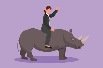 Wall Mural - Character flat drawing of businesswoman riding rhinoceros symbol of success. Business metaphor, looking at goal, achievement, leadership. Professional entrepreneur. Cartoon design vector illustration