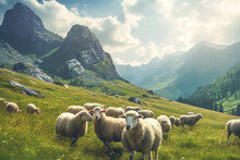 Flock Of Sheep Grazing On Green Pasture In Mountains. Landscape Of Sheep Herd Eating Grass During Bright Summer Day With High Mountains In Background. Generative AI