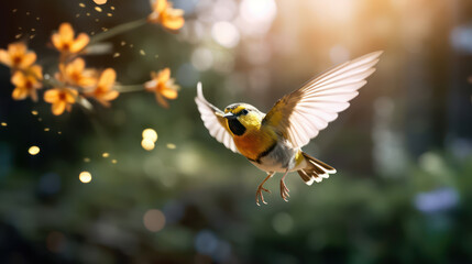 Wall Mural - A bird hangs from a string with yellow flowers in the background wallpaper