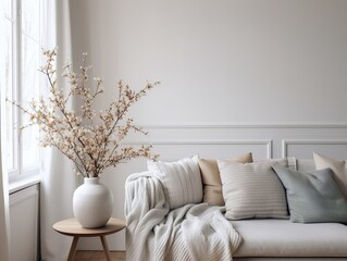 stylish scandinavian living room with vase and blooming cherry plum tree branches. springtime home d
