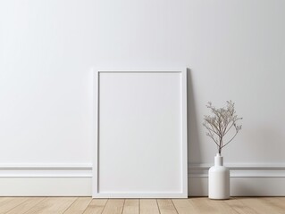 Vertical white frame mock up. Wooden frame poster on wooden floor with white wall.