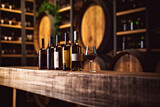 Fototapeta  - Wine Delights: Blurred Wine Shop with Bottles on Wooden Table Background, created with Generative AI