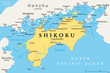 Shikoku, political map. Region and smallest of the four main islands of Japan, northeast of Kyushu, and south of Honshu, separated by the Seto Inland Sea. Shikoku region consists of four prefectures.