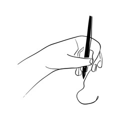  One line vector illustration. Human hand. Pen pencil write. Minimalism. Logo.