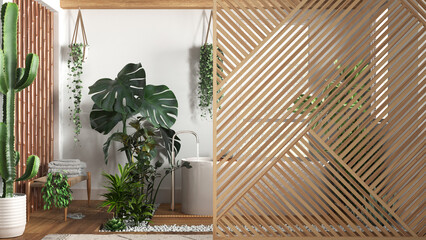 Wooden panel close-up, over cozy spa style bathroom with bathtub and many houseplants. Zen interior design concept idea, urban jungle template