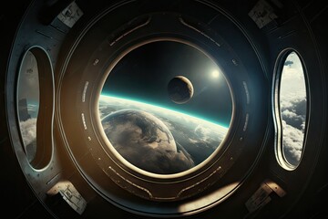 Sticker - spaceship dark interior with view on distant planets solar system. generative ai aig15.