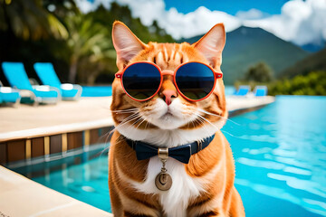 Funny cheerful cat in sunglasses on the background of blue water, outdoor pool, copy space. Beach vacation and travel concept