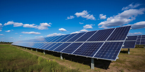 blue solar panels on sky background. solar power plant. solar farm, alternative source of electricit