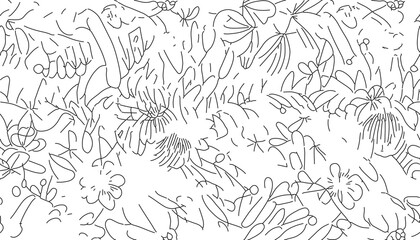 Hand drawn abstract line art flowers and shapes pattern. Collage contemporary print. Fashionable template for design