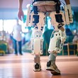 Close up on man walking with help of an exoskeleton at the hospital, Assistant robotic legs concepts,AI generated.