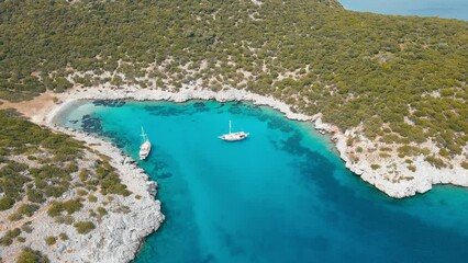 Wall Mural - Aerial view of Akvaryum koyu lagoon and yachts. Landscape of turkish riviera nature 