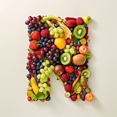 letter, alphabet, fruit, food, apple, orange, fresh, isolated, healthy, grape, banana, fruits, grapes, pineapple, diet, green, kiwi, white, ripe, red, pear, strawberry, generative ai