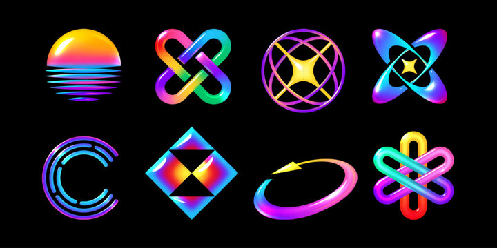 Y2K style 3D element set, multicolored abstract shapes with bright neon glow. Perfect for futuristic or 2000s style graphics and design, vector illustration