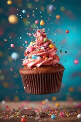 Wall Mural - Flying Cupcake with Pink Whipped Cream and Sprinkles Generative AI