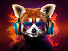 Music Dj Red Panda With Sunglasses And Headphones - Colorful Neon Background - Generative AI