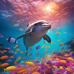 Poster - Dolphin swimming in ocean over sunshine. AI generated