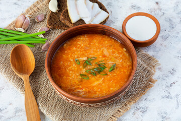 Wall Mural - Cabbage soup in bowl with green onion, bread and salo on white background