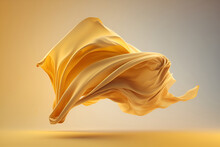 Beautiful Gold Yellow Silk Cloth Floating Flying In The Air. With Copy Text Space. Mock Up Template For Product Presentation. 3D Rendering. 	