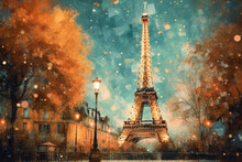 The Eiffel Tower And River Seine, Paris, France With A Golden Glow Of Sun, In The Style Of Poster, Romantic Landscapes

