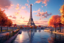 The Eiffel Tower And River Seine, Paris, France With A Golden Glow Of Sun, In The Style Of Poster, Romantic Landscapes

