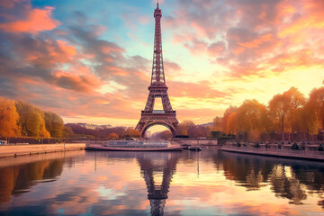 The Eiffel tower and river seine, paris, france with a golden glow of sun, in the style of poster, Romantic Landscapes

