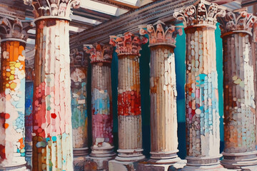 Poster -  A mixed media artwork combining photographs of Greek columns with collage elements, creating a layered and textured composition  Generative AI technology.