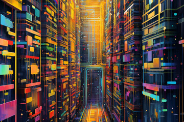Aufkleber - the concept of data storage and retrieval, featuring bold brushstrokes and vibrant colors to evoke the dynamic nature of database servers.  Generative AI technology.