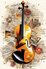 Aufkleber -  A collage artwork combining musical notes, sheet music, and instrument illustrations, creating a visually stimulating composition  Generative AI technology.