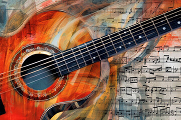 Poster -  An abstract mixed media artwork combining musical elements and textures, such as sheet music, guitar strings Generative AI technology.
