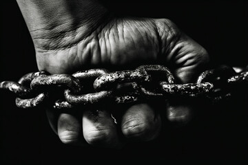 Fototapete -  A black and white photograph of a human hand tightly chained in heavy metal shackles, symbolizing captivity and oppression.  Generative AI technology.