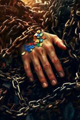 Aufkleber -  A mixed media artwork combining photography and digital manipulation, showing a person's hand emerging from a pile of broken chains, Generative AI technology.