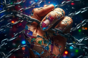 Fototapete -  A conceptual photograph of a human hand with chains wrapped around it, placed against a backdrop of shattered glass,  Generative AI technology.