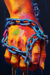 Fototapete -  An abstract painting of a human hand with chains intertwined around it, using vibrant colors Generative AI technology.