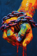 Fototapete -  An abstract painting of a human hand with chains intertwined around it, using vibrant colors Generative AI technology.