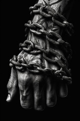 Fototapete -  A black and white photograph of a person's hands clenched tightly in chains, emphasizing the physical and emotional constraints they may face Generative AI technology.