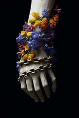 Fototapete -  A conceptual photograph featuring a human hand bound in chains, with delicate flowers growing through the gaps, representing resilience and hope.  Generative AI technology.