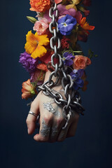Fototapete -  A conceptual photograph featuring a human hand bound in chains, with delicate flowers growing through the gaps, representing resilience and hope.  Generative AI technology.