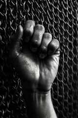 Aufkleber -  A black and white photograph of a person's hand reaching out from behind a lattice of chains, Generative AI technology.