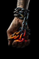 Fototapete -  hands tied together with chains, but with one hand holding a burning torch, symbolizing the resilience and determination to overcome obstacles.  Generative AI technology.
