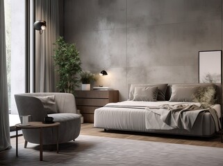 Wall Mural - Modern minimalist bedroom interior design with grey furniture. Aesthetic simple interior design concept. Generative Ai.