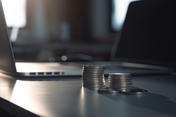 Poster - Stack of money coin with laptop computer open trading graph in the background, Business and Financial concept. Generative Ai.